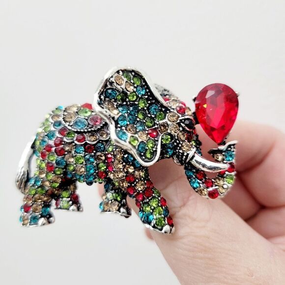 Brand New 2 In 1 Silver Elephant Red Stone Rhinestone Brooch Pin & Pendant - Picture 3 of 11